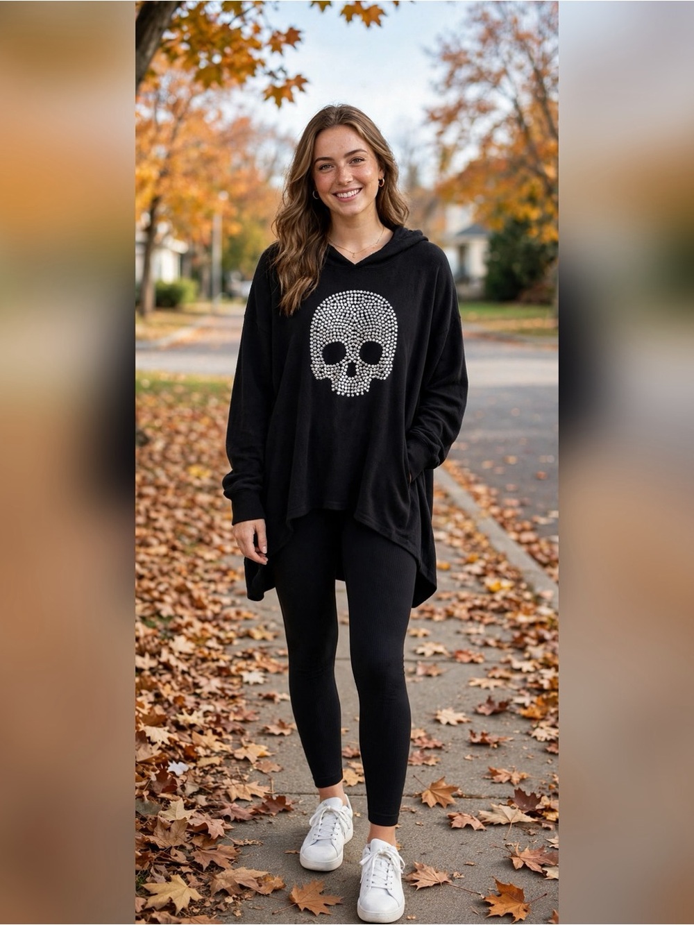 LAUREN MOSHI RHINESTONE SKULL HOODIE OVERSIZED DOLMAN HI LO BLACK XS FITS S M